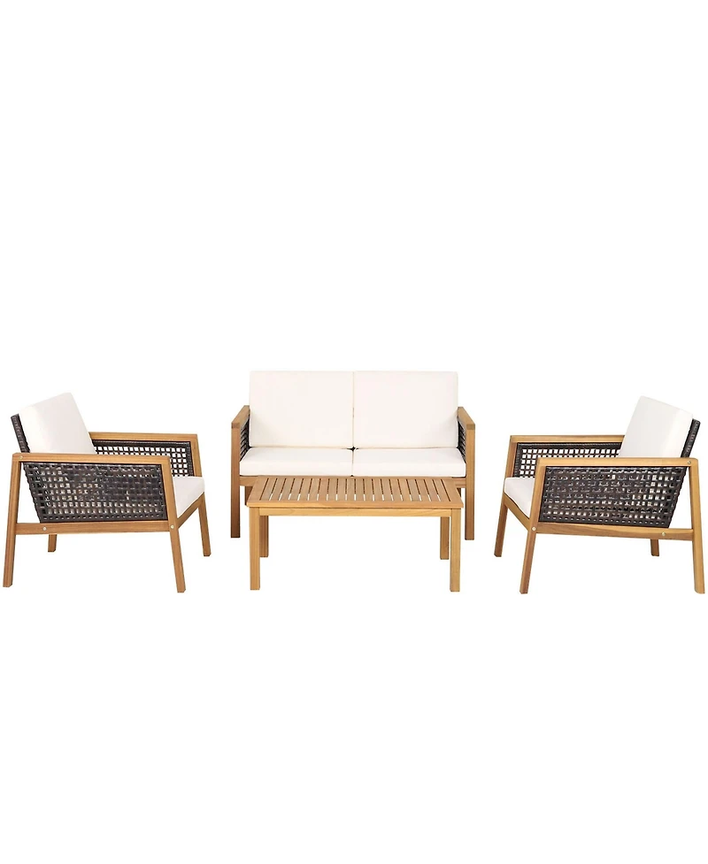 Gymax 4 Piece Patio Pe Rattan Conversation Set Acacia Wood Furniture Set w/ Cushions