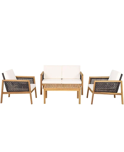 Gymax 4 Piece Patio Pe Rattan Conversation Set Acacia Wood Furniture Set w/ Cushions