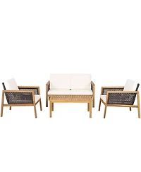 Gymax 4 Piece Patio Pe Rattan Conversation Set Acacia Wood Furniture Set w/ Cushions