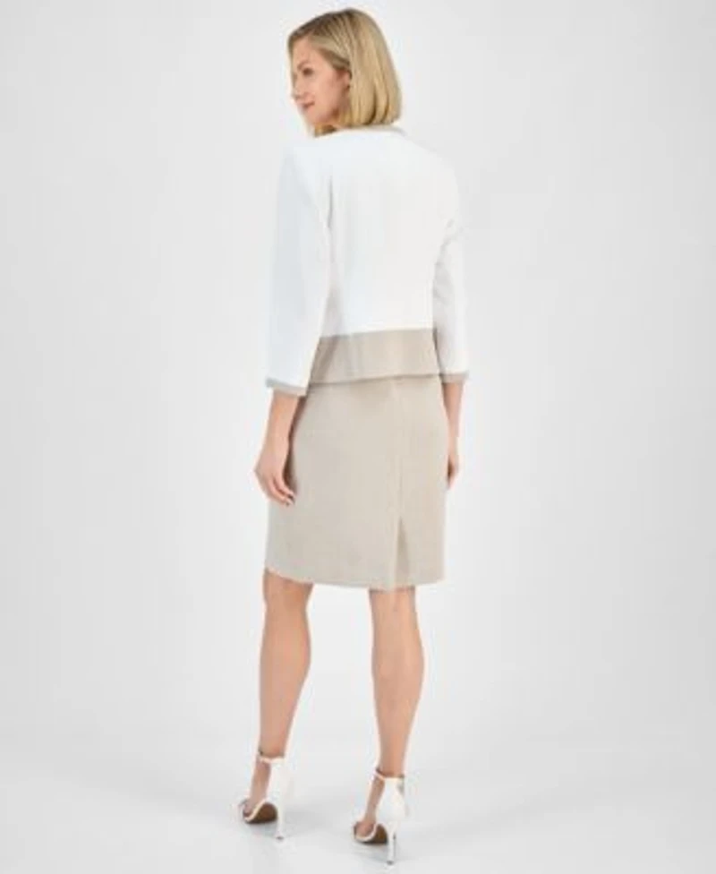 Kasper Womens Colorblocked Open Front Jacket Sheath Dress
