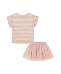 Kids Headquarters Toddler and Little Girls 2-Piece Ruffle Sleeve Striped Rainbow Top and Gold Speckle Tulle Skort Set
