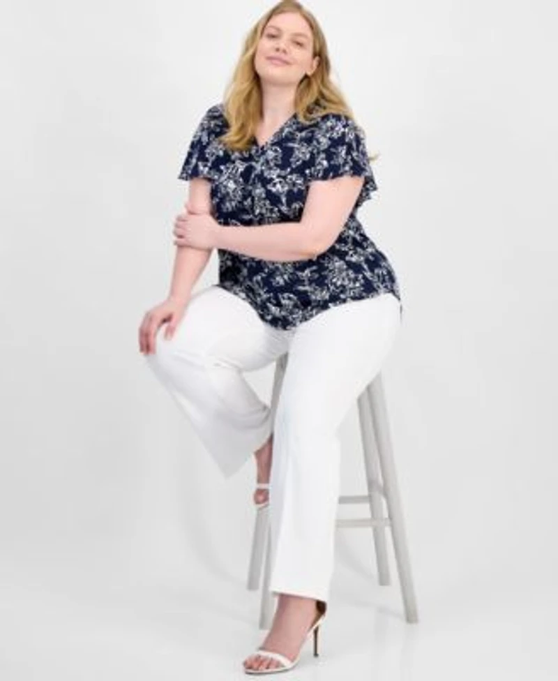 Ak Anne Klein Plus Size Flutter Sleeve Top Crepe Pull On Pants