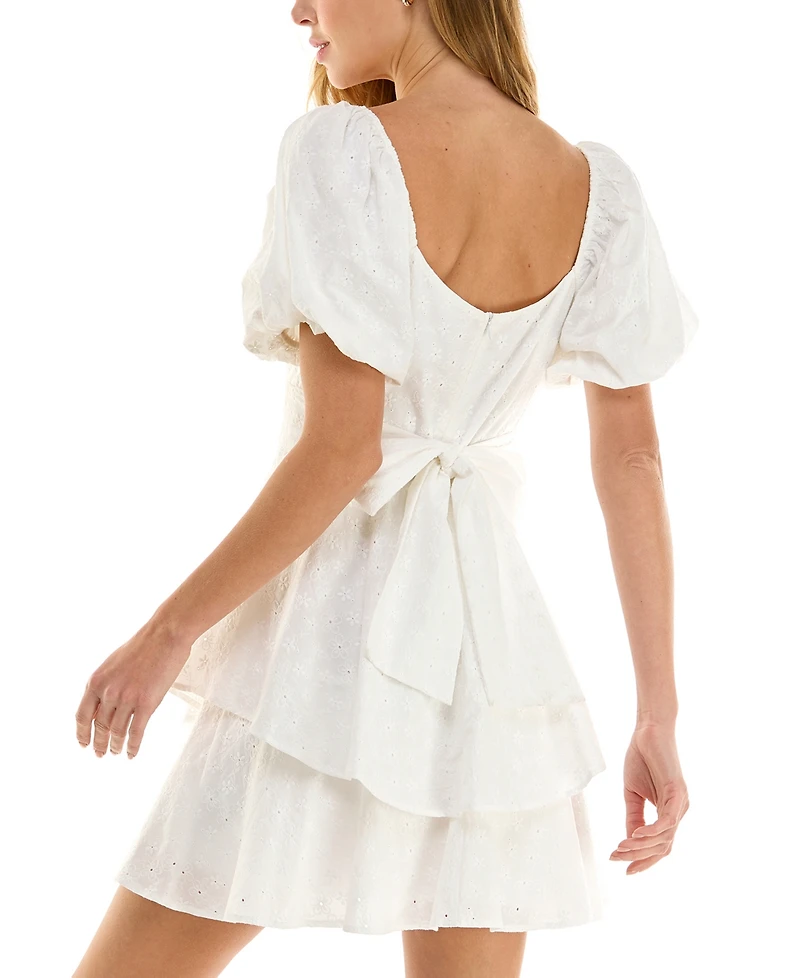 Crystal Doll Juniors' Embroidered Eyelet Puff-Sleeve Dress