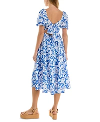 Crystal Doll Juniors' Floral-Print Bow-Back Puff-Sleeve Woven Dress