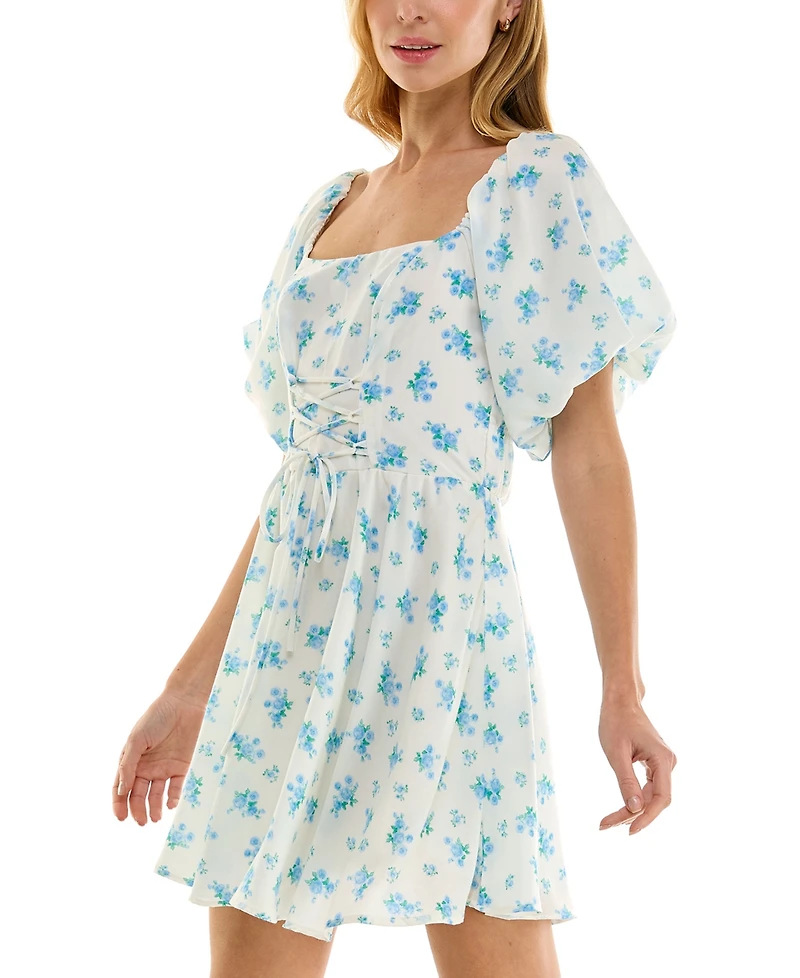 Crystal Doll Juniors' Printed Lace-Up Bubble-Sleeve Skater Dress
