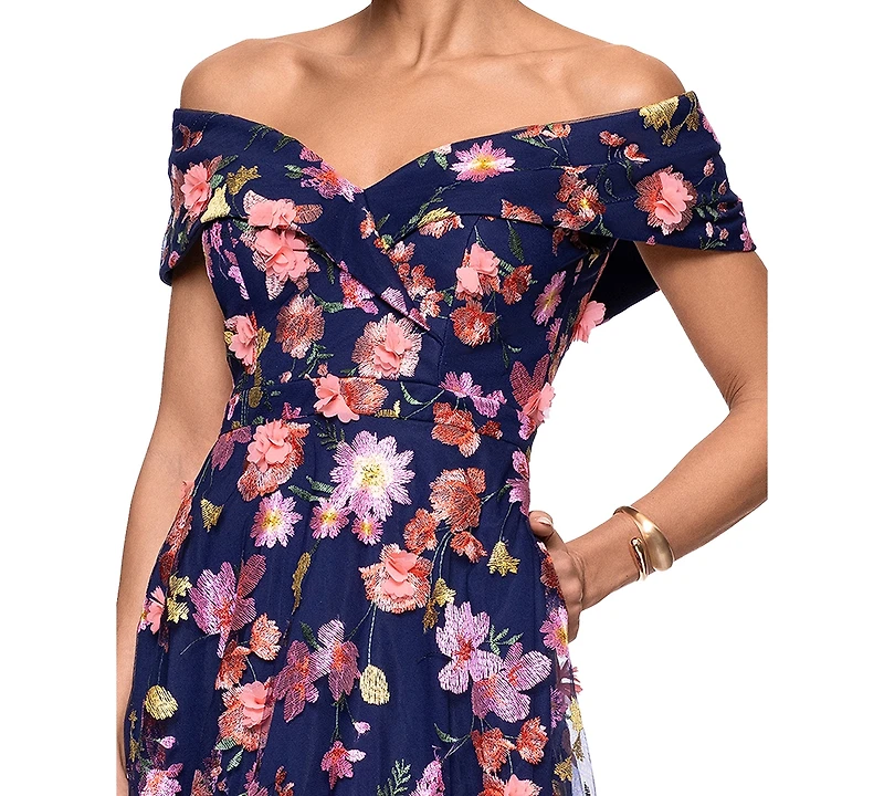 Xscape Women's Off-The-Shoulder Embroidered Floral Dress