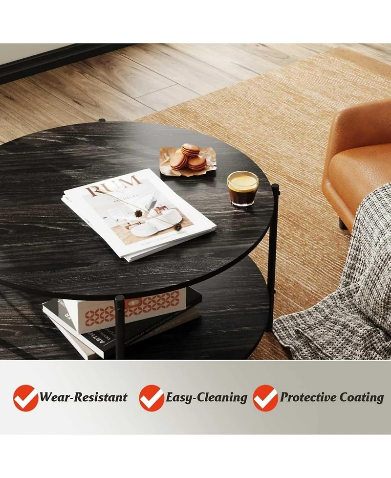 Wlive Round Coffee Table, Living Room Table with 2-Tier Storage Shelf,32in Wood Modern Coffee Table with Metal Frame and Wood Desktop,Easy Assembly,Ch