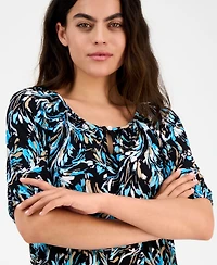 Ak Anne Klein Petite Printed Scoop-Neck Elbow-Sleeve Top