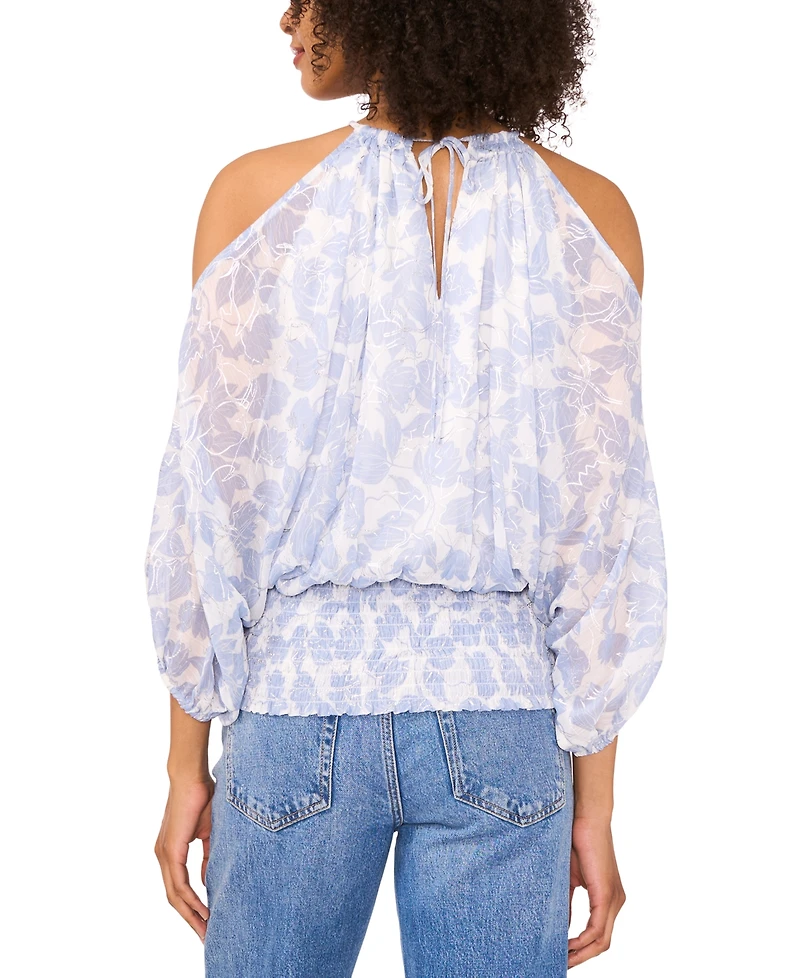 Sam & Jess Women's Printed Off-the-Shoulder Halter-Neck 3/4-Sleeve Blouse