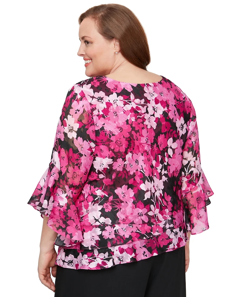 Alex Evenings Plus Size Printed Scoop-Neck 3/4-Sleeve Top