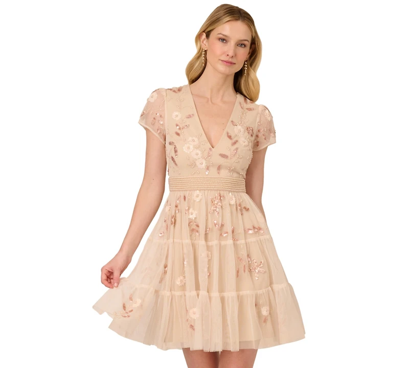 Adrianna Papell Women's V-Neck Beaded Mesh Minidress
