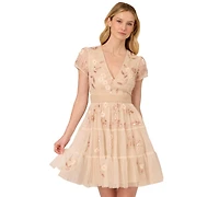 Adrianna Papell Women's V-Neck Beaded Mesh Minidress