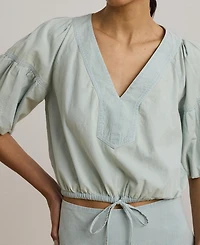 Lauren Ralph Women's Chambray Cropped Bubble-Sleeve Blouse
