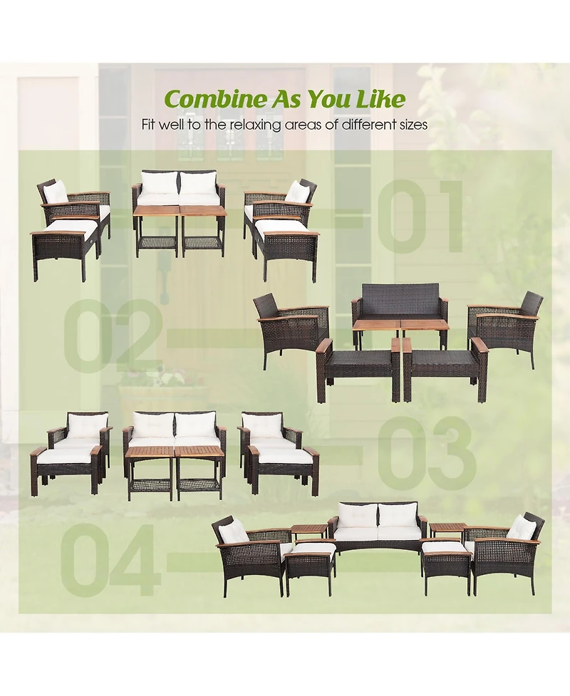 Gymax 7 Piece Outdoor Wicker Conversation Set Patio Rattan Sofa Set w/ Coffee Tables Cushions