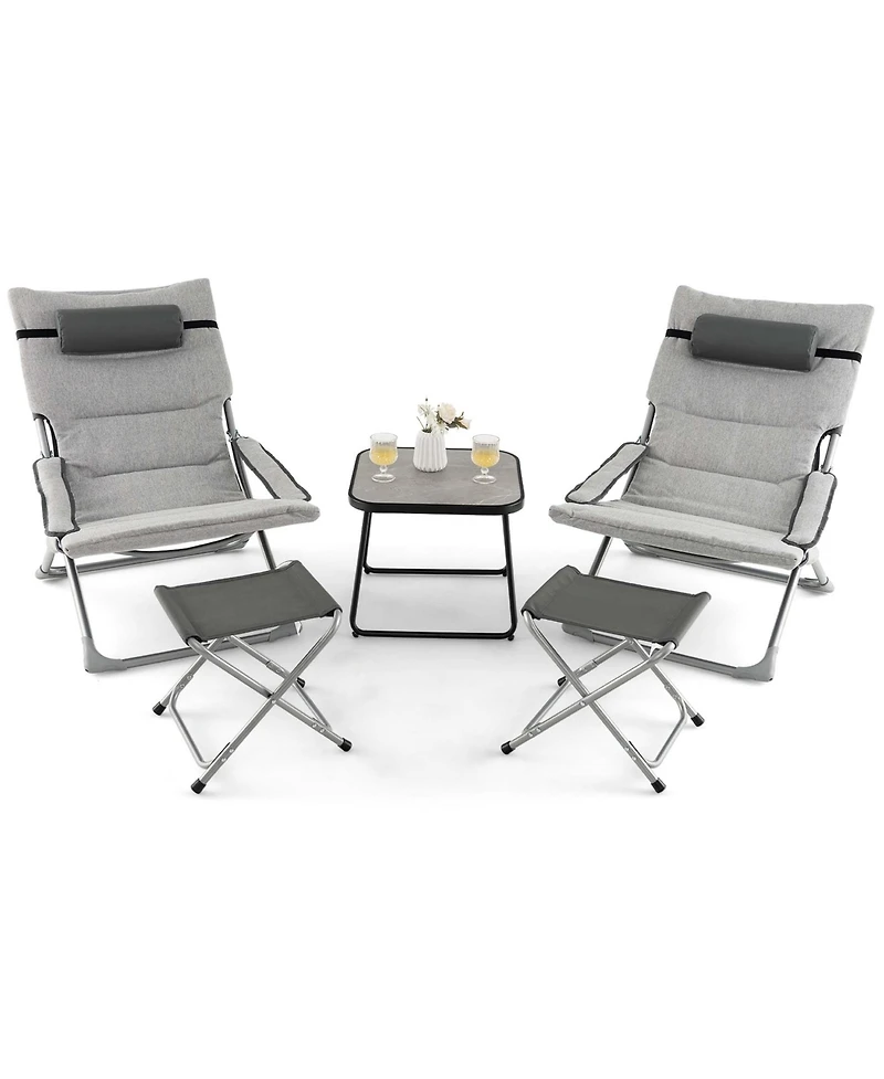 5pcs Patio Folding Sling Chair Set Ottoman Table Portable Headrest Outdoor Beach