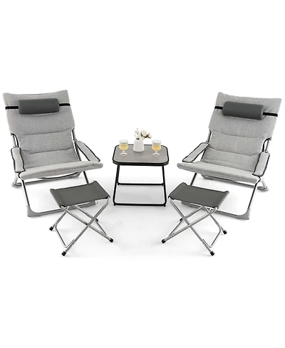 5pcs Patio Folding Sling Chair Set Ottoman Table Portable Headrest Outdoor Beach