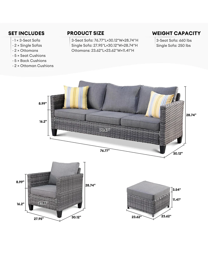 Xizzi 5 Piece Patio Furniture, Outdoor Furniture Sets, Modern Wicker Sectional and 2 Pillows, All Weather Garden Sofa, Backyard,