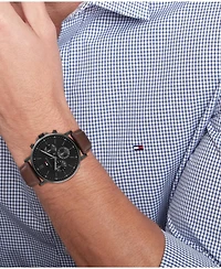 Tommy Hilfiger Men's Multifunction Dark Brown Leather Strap Watch, 44mm
