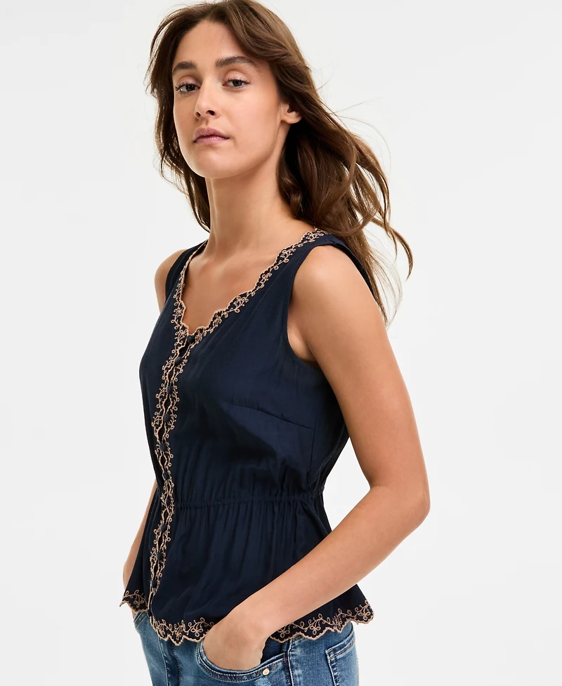 Democracy Women's Embroidered Peplum Top - Navy