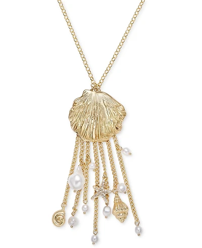 I.n.c. International Concepts Gold-Tone Pave & Imitation Pearl Shell Fringe Statement Pendant Necklace, 31" + 3" extender, Exclusively at Macy's