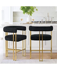Set of 2 Counter Height Bar Stools, 25" Upholstered Chairs with Gold Metal Legs, Curved Back & Armrests-Maison Boucle