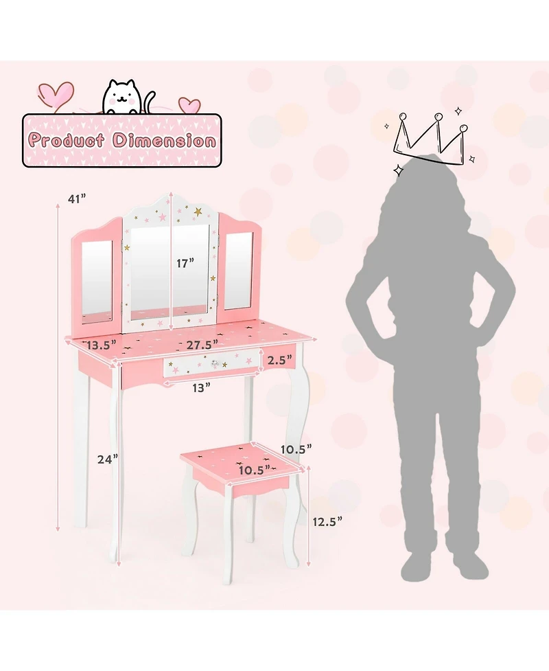 Kids Princess Vanity Table and Stool Set with Tri-folding Mirror and Drawer