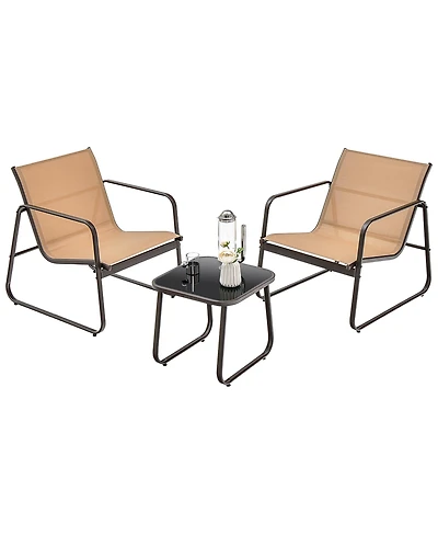 3 Pieces Patio Conversation Set Outdoor Metal Chair & Table Tempered Glass Top