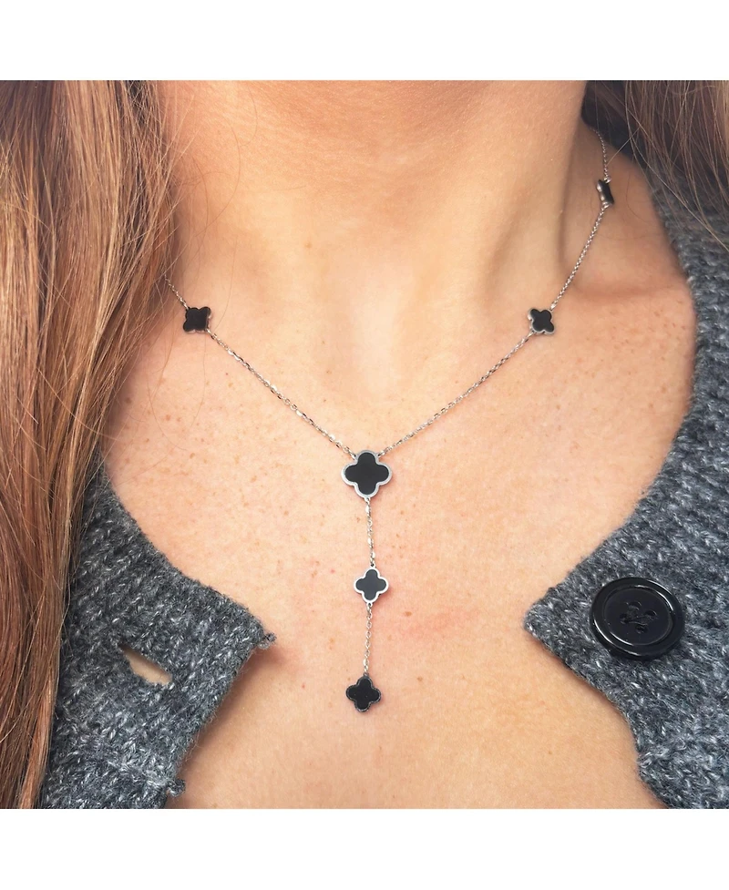 The Lovery Onyx Clover Station Lariat Necklace 14K White Gold
