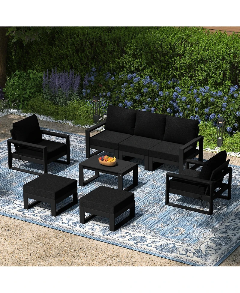 8-Piece Modern Hdpe Outdoor Patio Furniture Conversation Set with Coffee Table and Ottomans