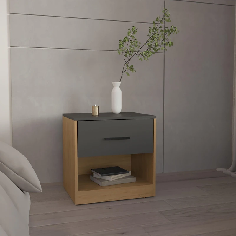Palmyra Nightstand, 1 Door, 1 Shelf, Natural Oak / Matt Gray