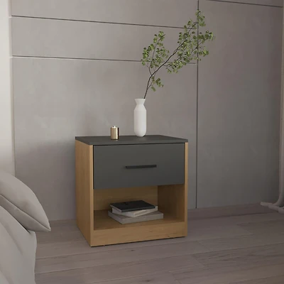 Palmyra Nightstand, 1 Door, 1 Shelf, Natural Oak / Matt Gray
