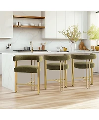 Set of 3 Counter Height Stools, Chenille Upholstered Chairs with Gold Metal Legs-Maison Boucle