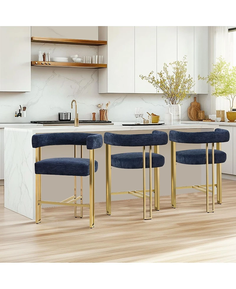 Set of 3 Counter Height Stools, Chenille Upholstered Chairs with Gold Metal Legs-Maison Boucle