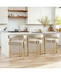 Set of 3 Counter Height Bar Stools, Chenille Upholstered Chairs with Gold Metal Legs-Maison Boucle