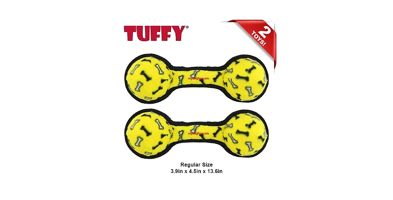 Tuffy Ultimate 2 Ball Tug Yellow Bone, 2 Pack Durable Squeaky Dog Toy