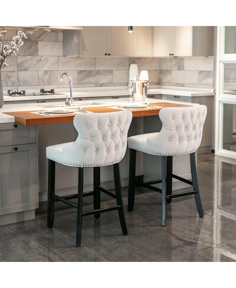 Velvet Upholstered Bar Stools with Button Tufted Wingback, Counter Height Chairs, Set of 2-The Pop Home