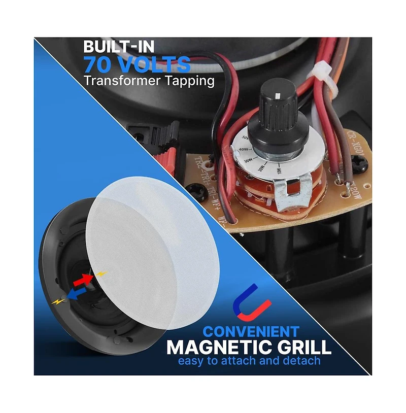 Pyle PDIC8LT 8" In-Wall/In-Ceiling 70V Speaker - Flush Mount Low-Profile, 600W, Magnetic Grill, White
