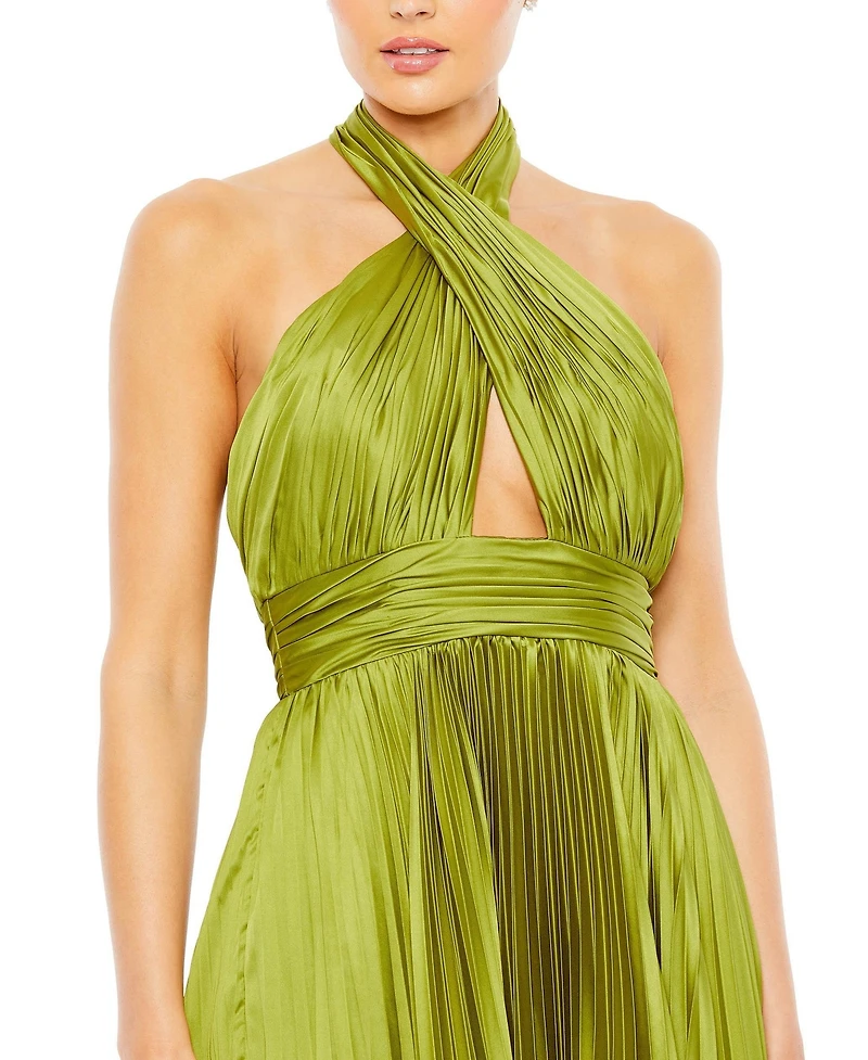 Mac Duggal Women's Pleated Halter Neck Asymmetrical Hem Gown