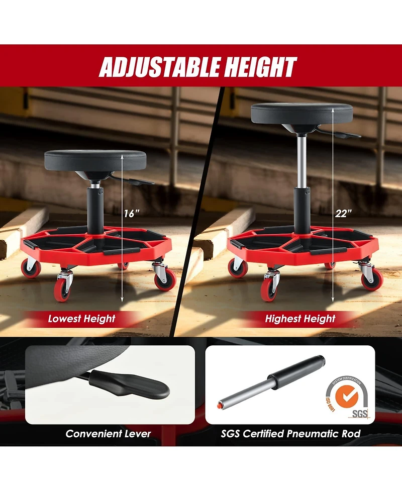 330 Lbs Capacity Pneumatic Rolling Mechanic Stool with Padded Seat