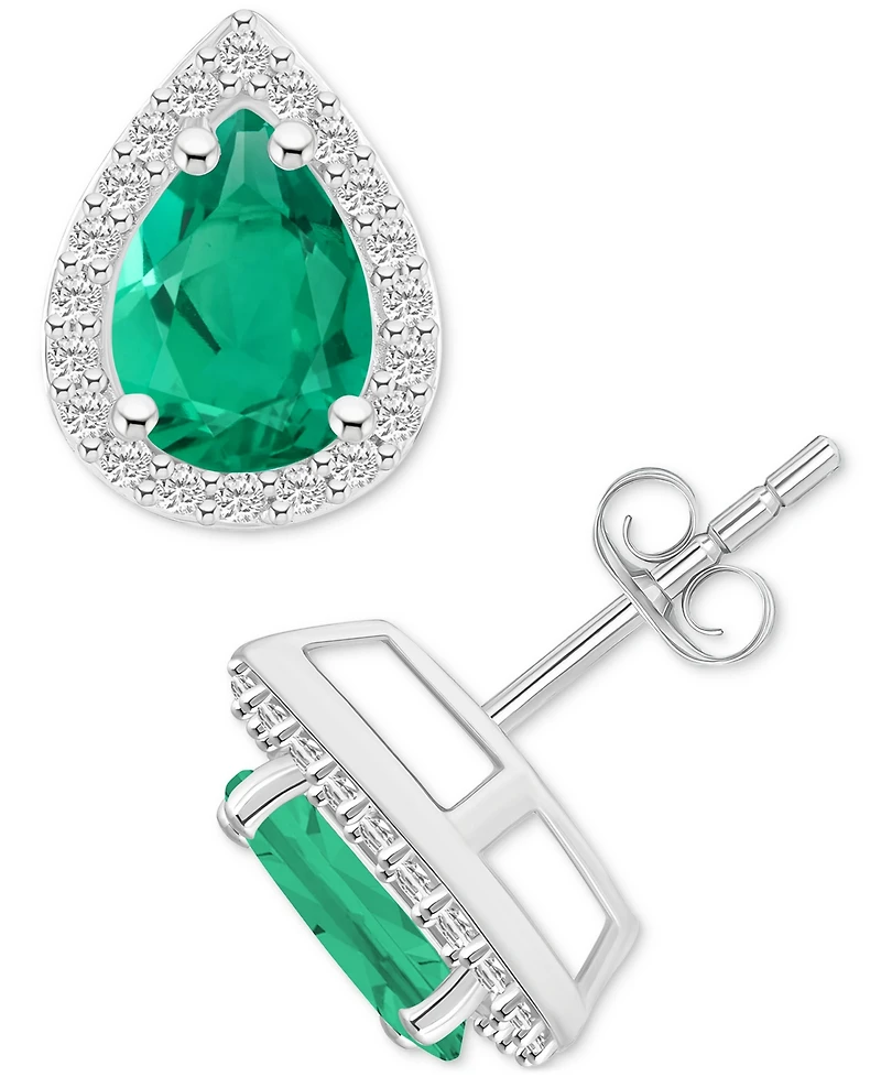 Lab-Created Emerald (1-1/3 ct. t.w.) & White Sapphire Pear Halo Stud Earrings 10k Gold