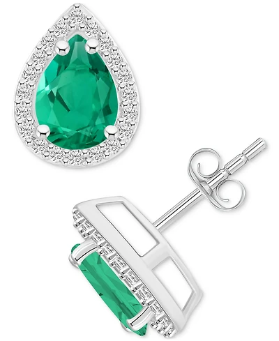 Lab-Created Emerald (1-1/3 ct. t.w.) & White Sapphire Pear Halo Stud Earrings 10k Gold