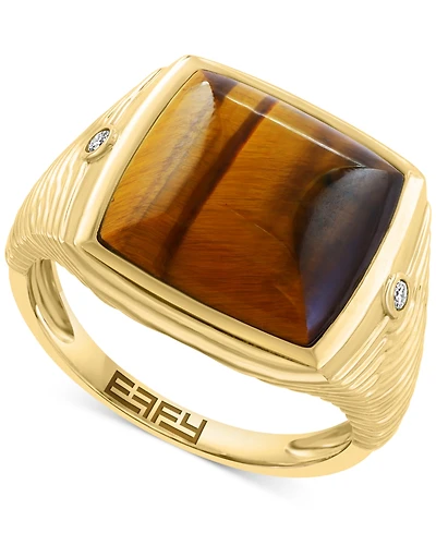 Effy Men's Tiger Eye & Diamond Accent Cushion Textured Ring in 14k Gold