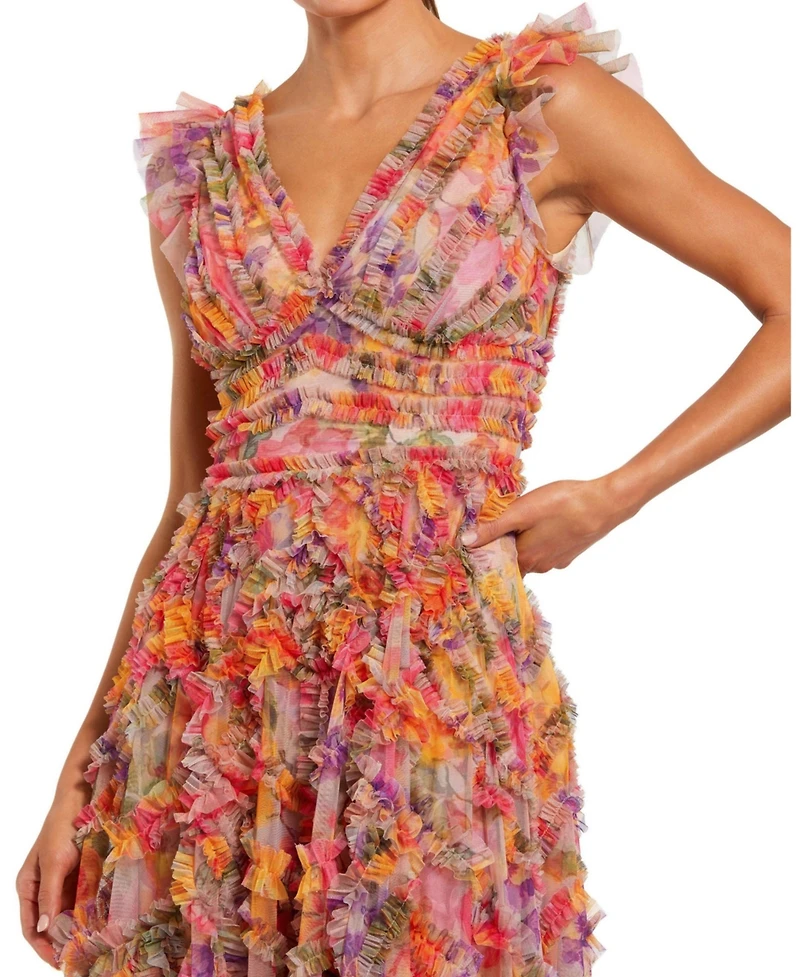 Mac Duggal Women's Floral Mesh Ruffle V Neck Ankle Dress
