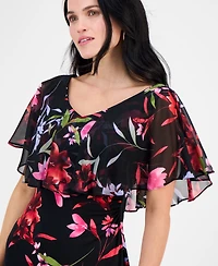 Connected Petite Printed Cape-Overlay Midi Dress