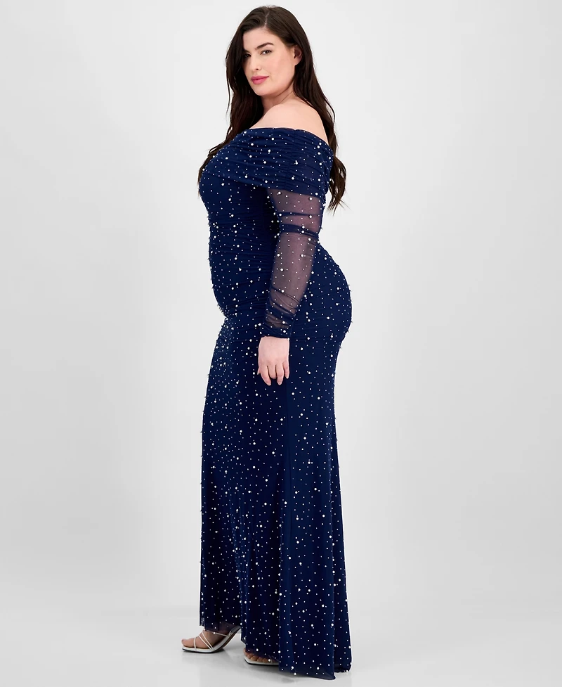 B Darlin Trendy Plus Off-The-Shoulder Pearl Gown