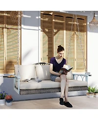 Outsunny Wicker Porch Swing, Hanging Swing Bench with Cup Holder, Natural
