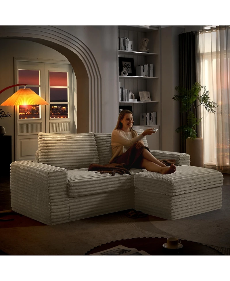 Luxurious Sectional Sofa,Corduroy L-Shaped Couch with Movable Ottoman, Oversized Comfy Couch with Zippered Backrest (Beige)
