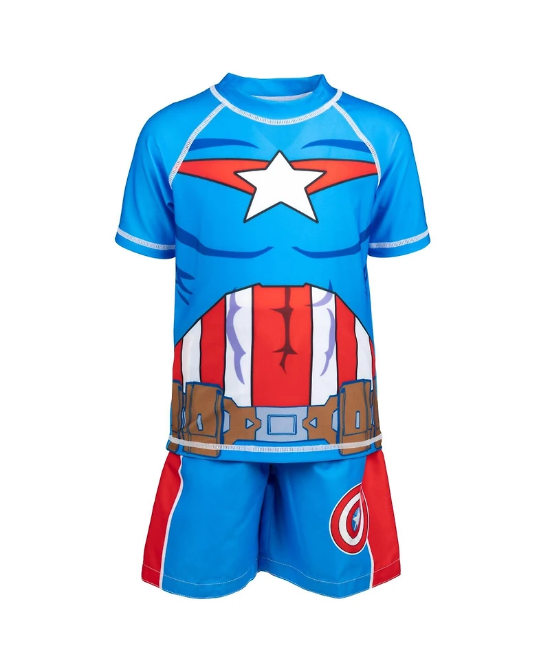 Avengers Boys Marvel Spider-Man Captain America Hulk Iron Man Pullover Rash Guard & Swim Trunks Outfit Set to