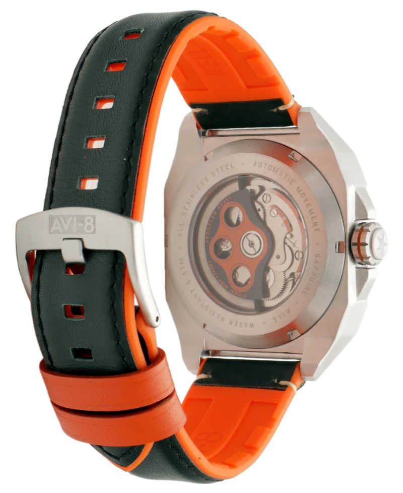 Avi-8 Men's Bell X-1 Machbuster Automatic Green Rubber and Leather Strap Watch, 41mm