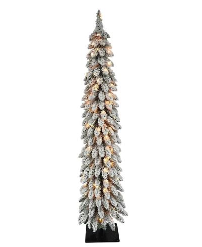 Puleo Pre-Lit Flocked Pencil Alpine Artificial Christmas Tree with 70 Lights, 5'